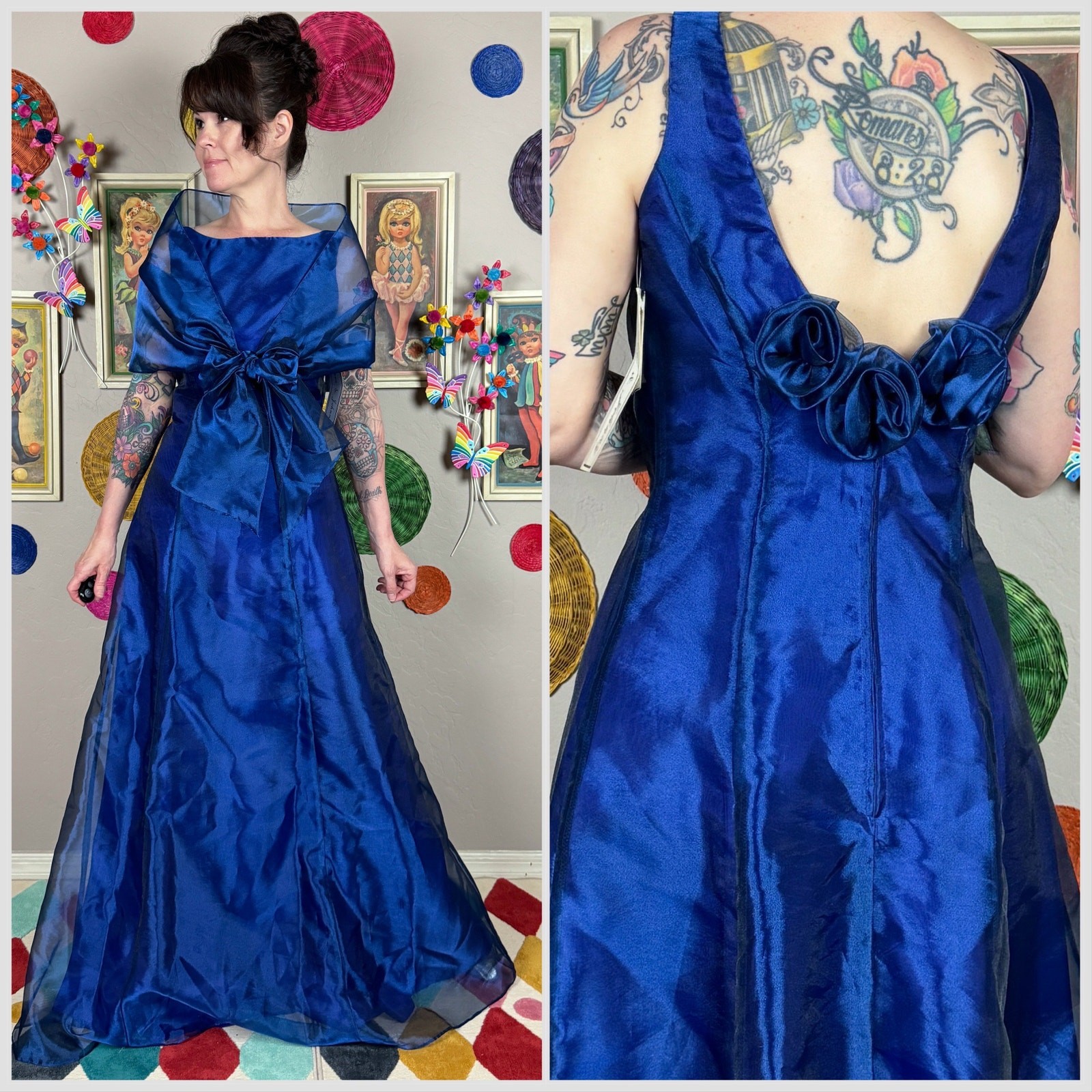 Vintage 1980s Royal Blue Organza Sleeveless Prom Gown With Wrap | 28″-29″ Waist