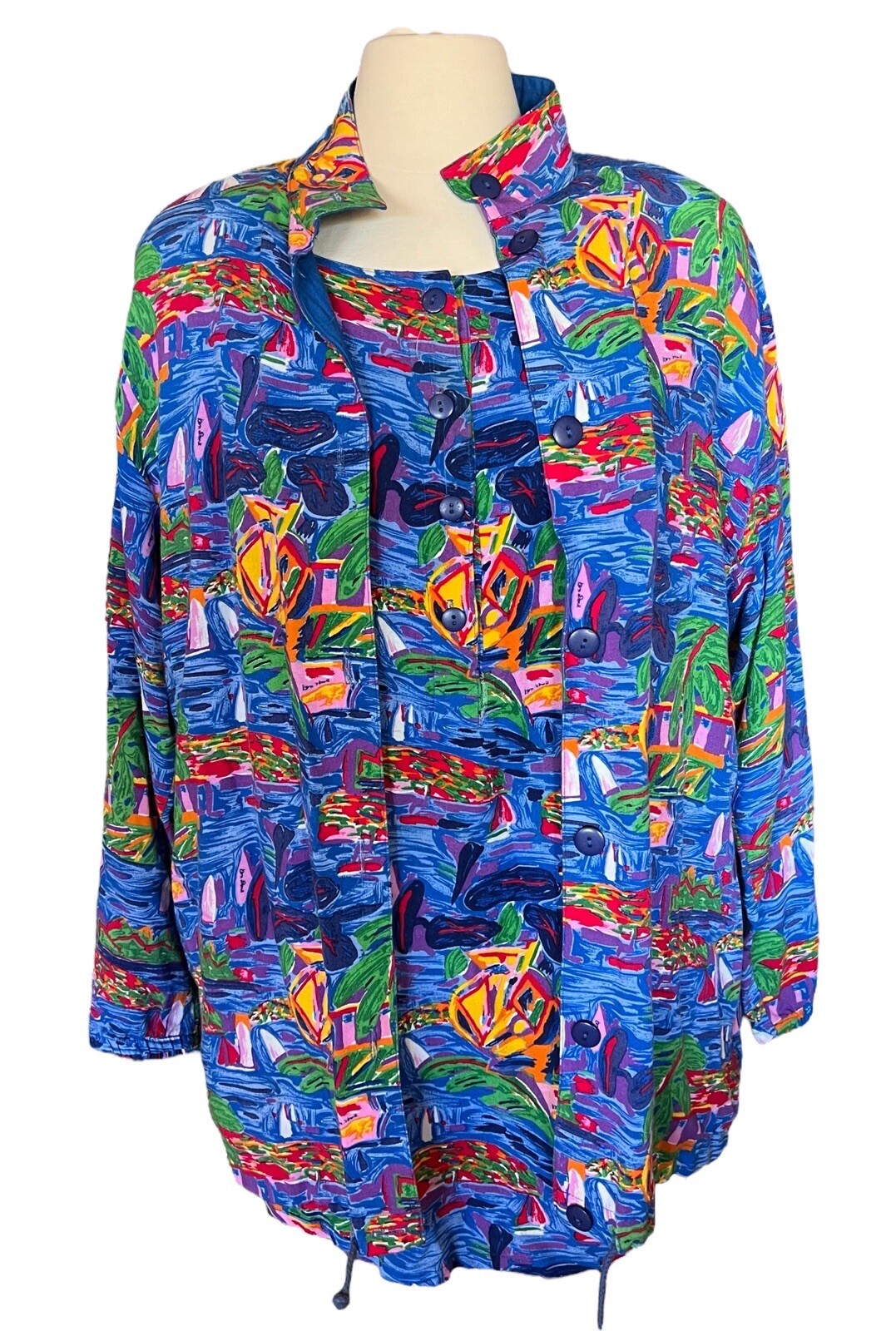 Vtg Ken Done 2 Pc Jacket & Shirt Set Art to Wear Hawaiian Vacation Ocean Boats M
