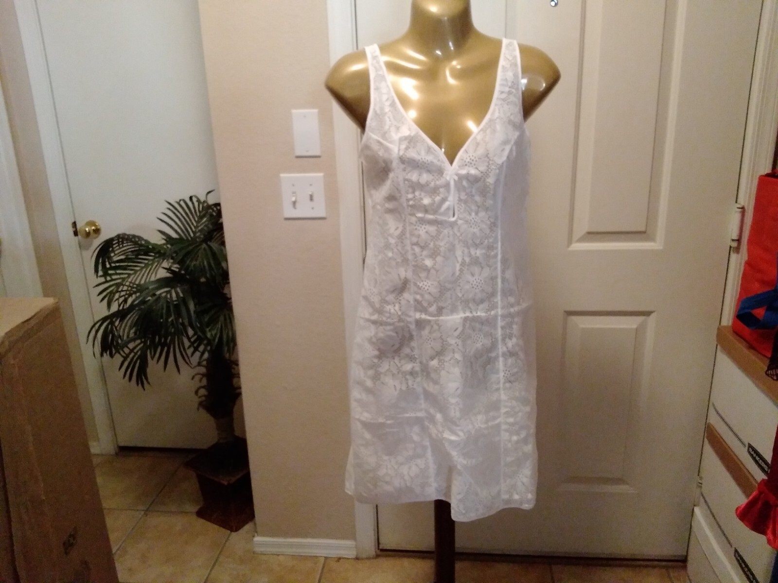 Vintage Full Slip Dress Chemise European SZ S-M White Full Front Lace