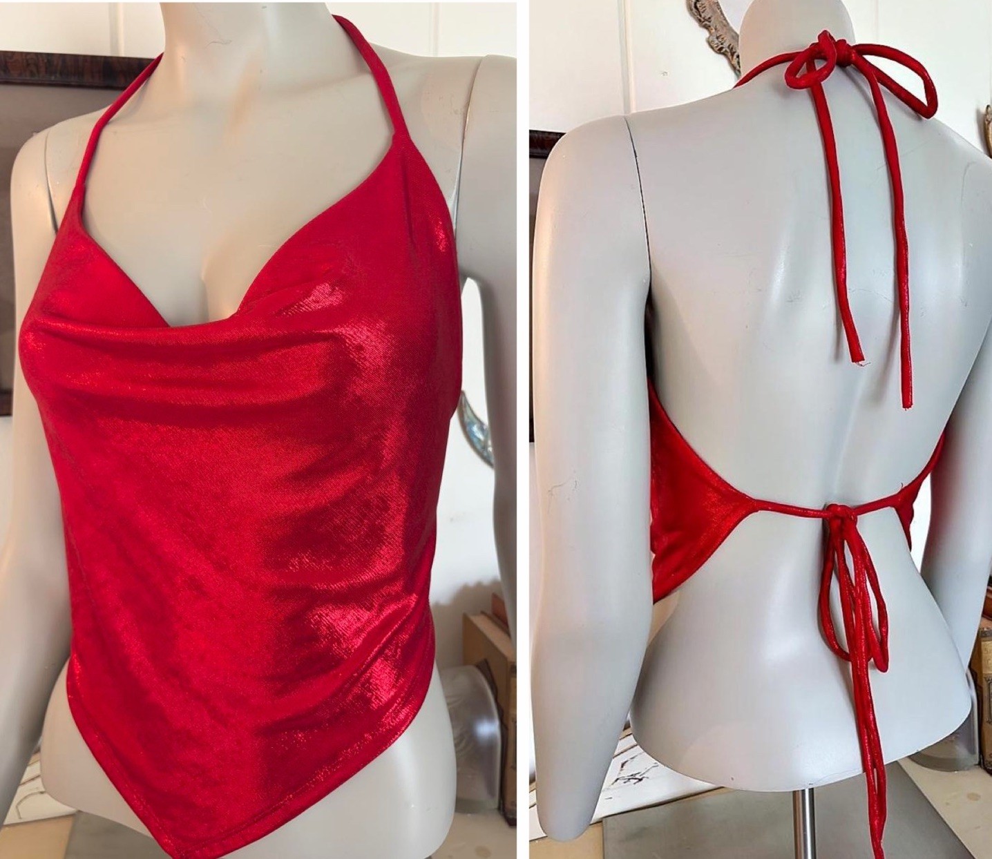 VTG Y2K 90s Liquid Metallic Red Halter Open Tie Back Cowl Neck Club Top USA S
