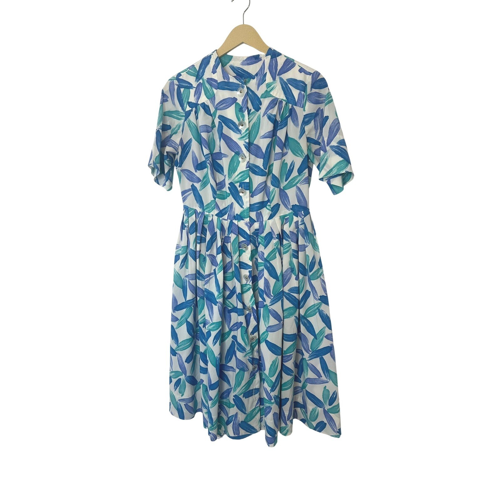 Vintage 80’s Floral Shirt Dress Women 6 Blue Teal Leaf Print Vintage Knee Length