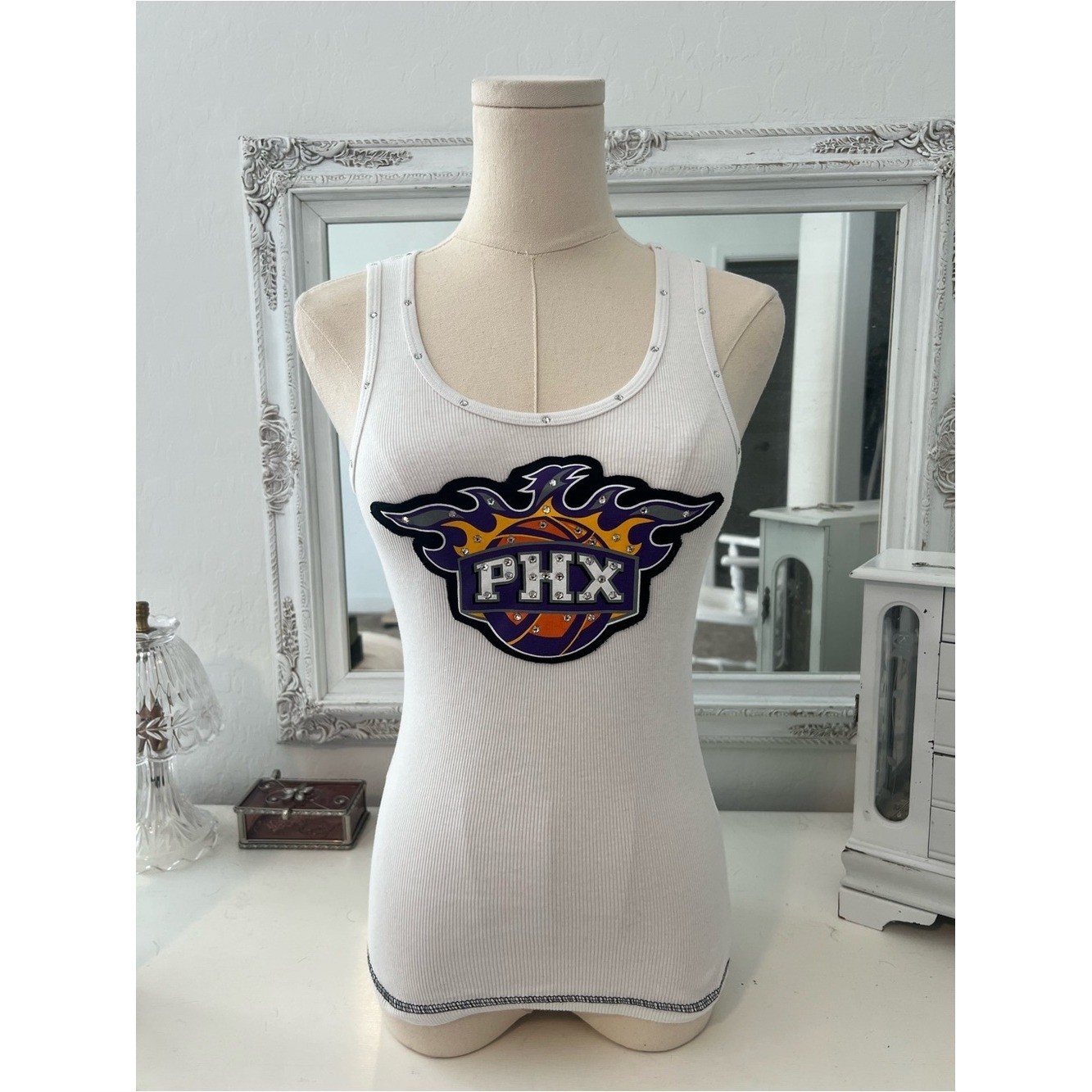 vintage y2k phoenix suns white tank top with rhinestone trim