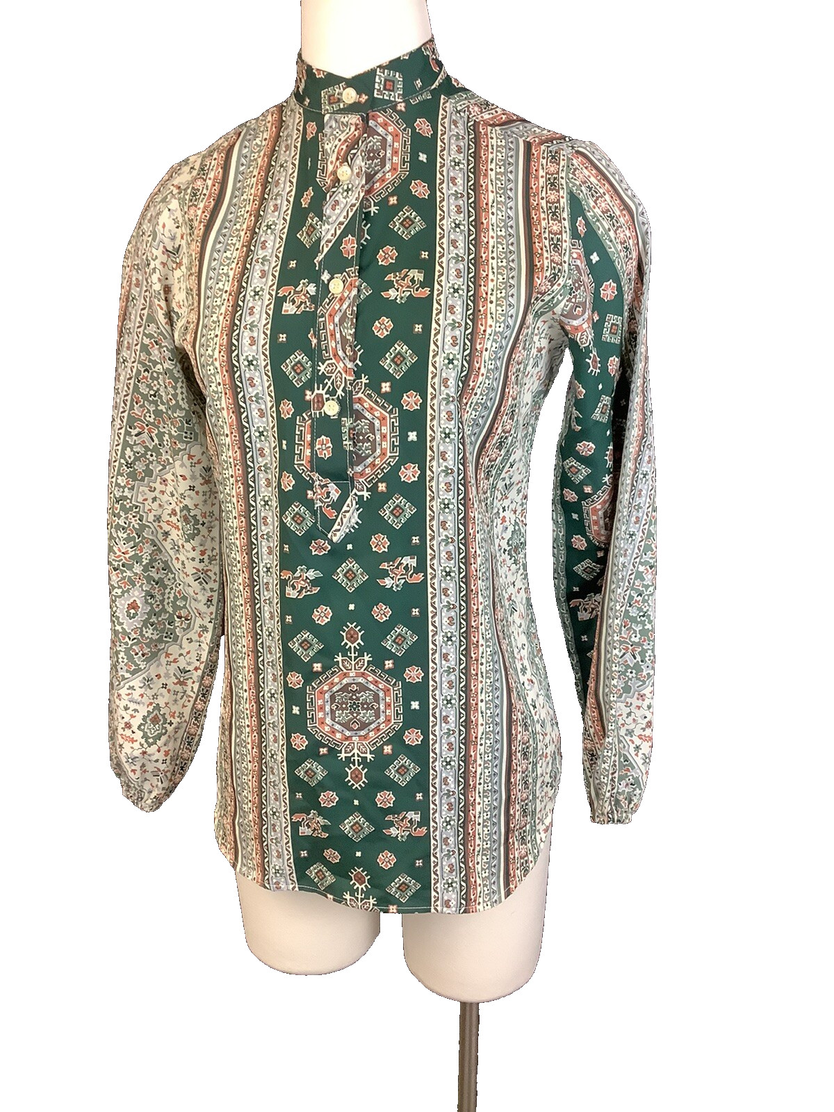 Womens Printed Blouse Size 34 Laura Mae Button High Collar Small Vintage
