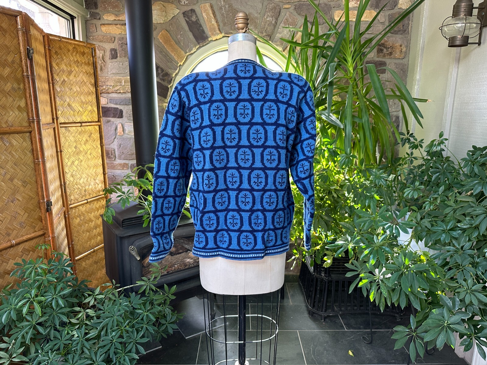 Vintage 1980s 2 Tone Blue Wool Cardigan Sweater with Shoulder Pads J Christopher