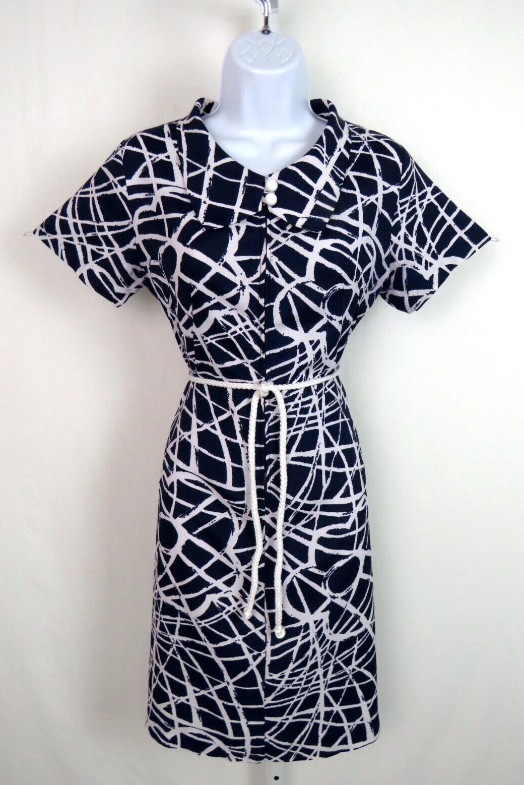 VTG 1960s MOD I. MAGNIN SCOOTER DRESS BLUE WHITE GEOMETRIC FLORAL ROPE BELT