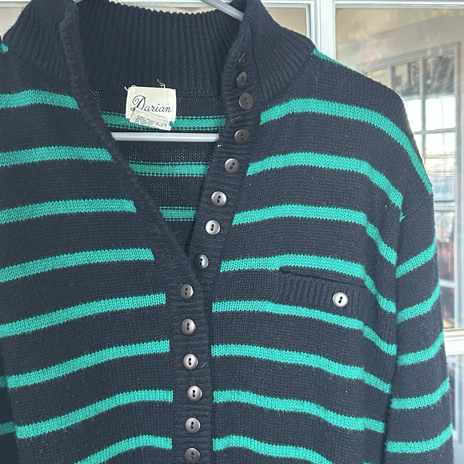 Vintage 70’s 80’s Sweater Dress Navy Blue And Green Striped Size Large