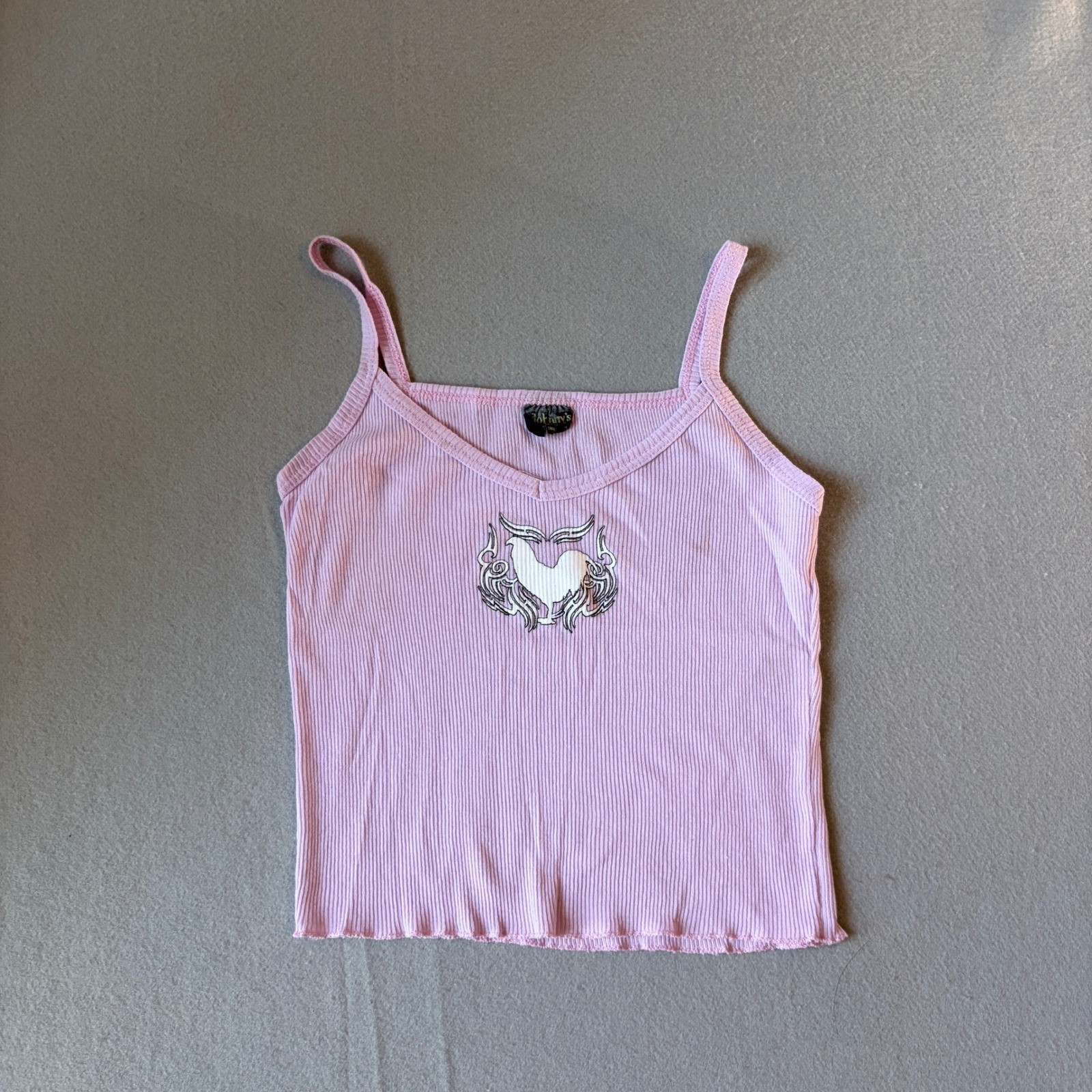 Vintage Johnnys Pink Ribbed Camisole Heart Graphic Lettuce Trim Tank Top Small