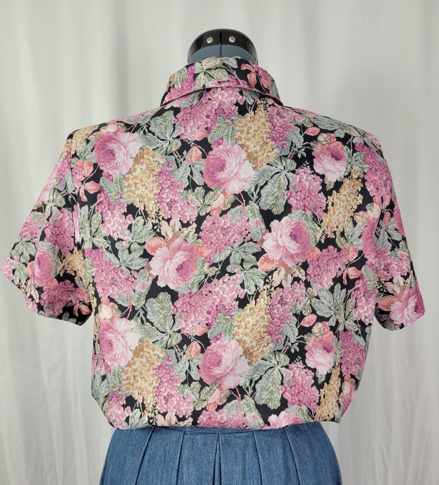 Vintage Copy Cats Black & Pink Floral S/S Blouse w Accent Collar Size 12