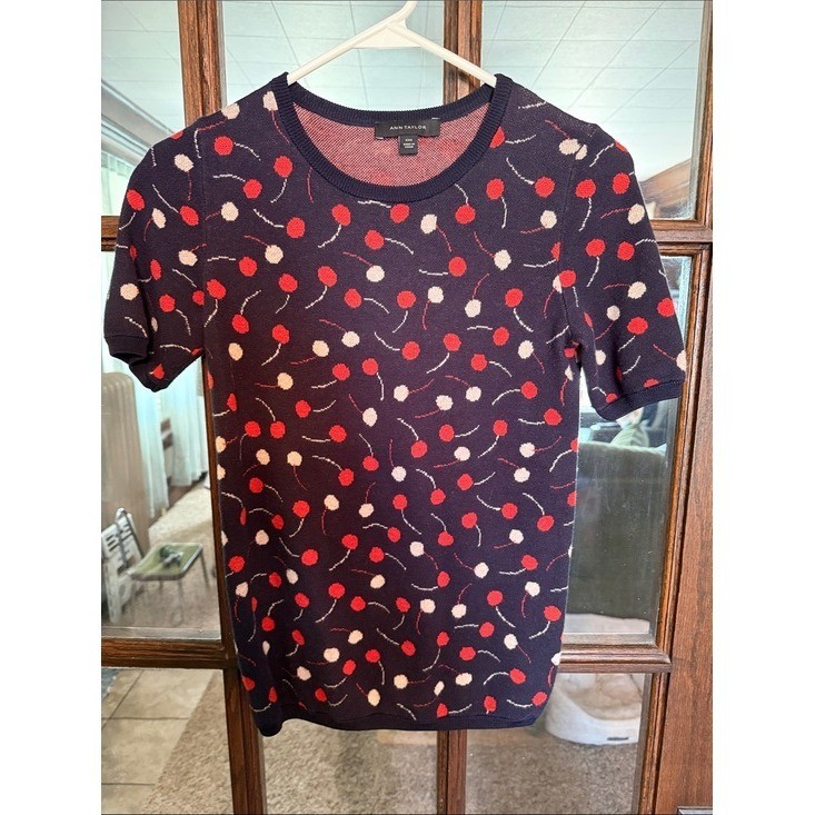 Ann Taylor Navy Blue Red White Abstract Dot Short Sleeve Sweater Top XXS Retro
