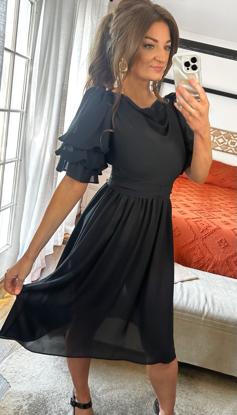 Vintage Lizzy & Johnny by Lucero Black Chiffon Ruffle Sleeve Belted Midi Dress