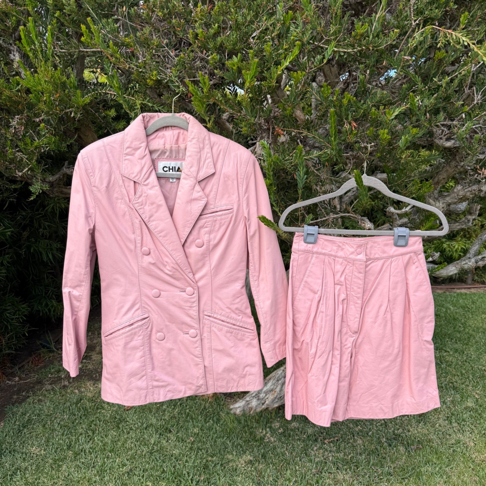 Vintage Chia Pink Leather 2 Piece Set Blazer and Pleated Shorts Womens Size 12 M