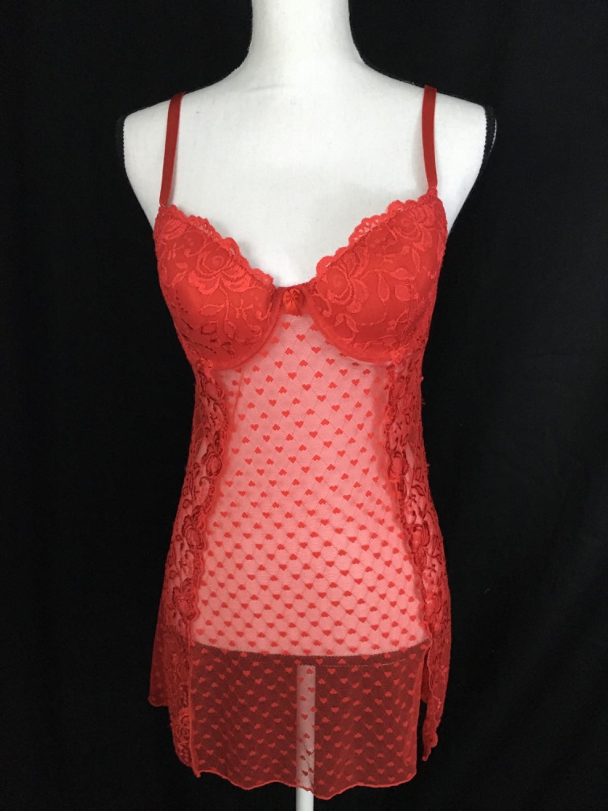 Rampage, Red lacy, sheer, shorty nighty with bra, L, chest, (6893)