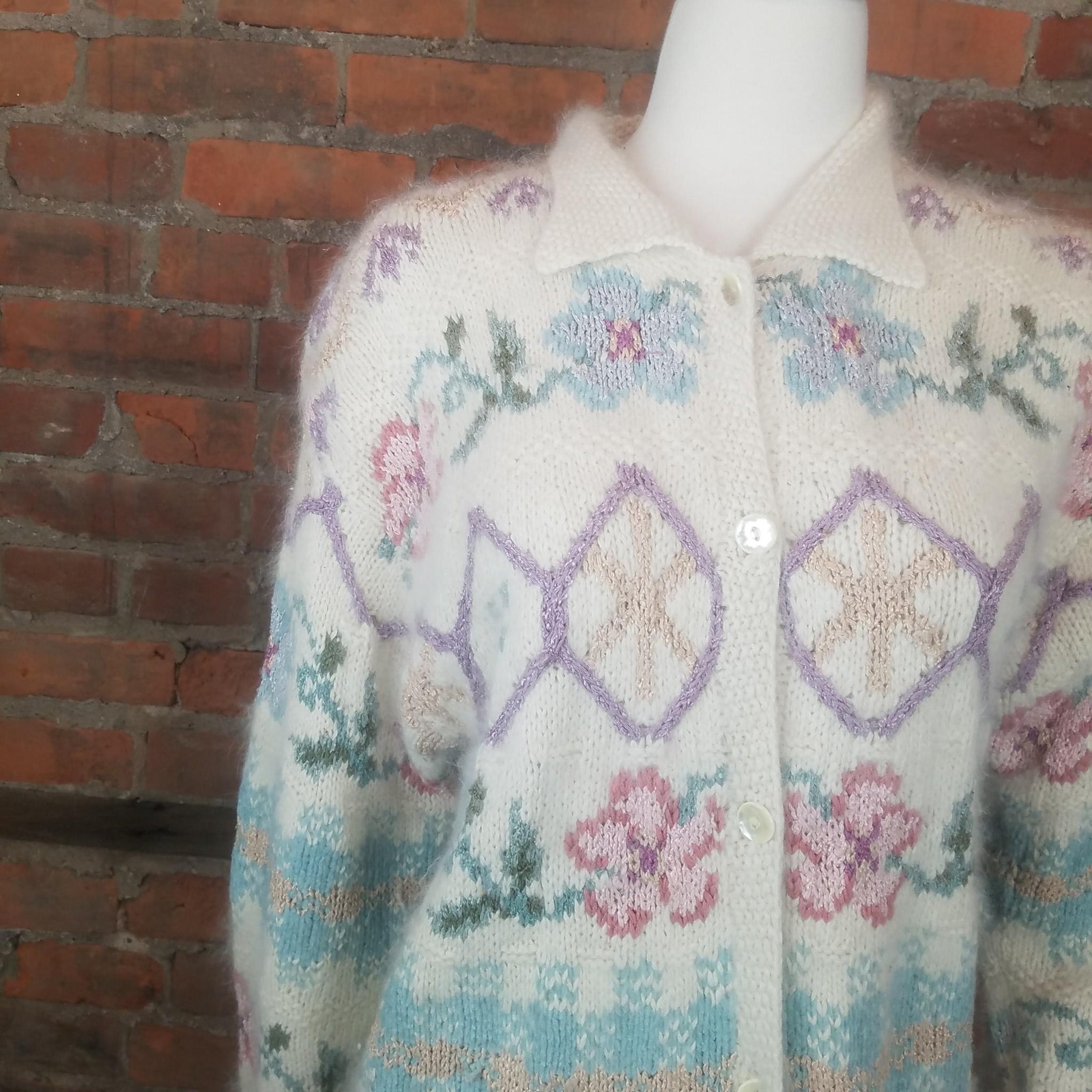 VTG Express Tricot Womens Fuzzy Cardigan Ivory Pastel HandKnit Silk Angora Sz S