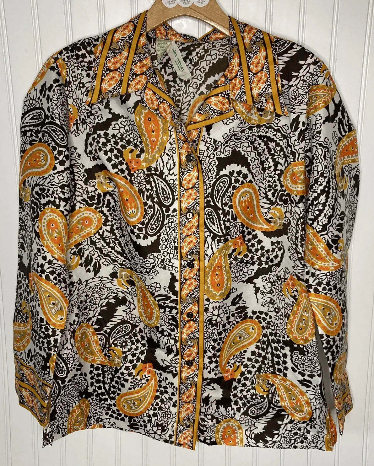 Vintage Alex Colman Blouse Top Womens *Large Paisley Orange Brown 70’s Button Up