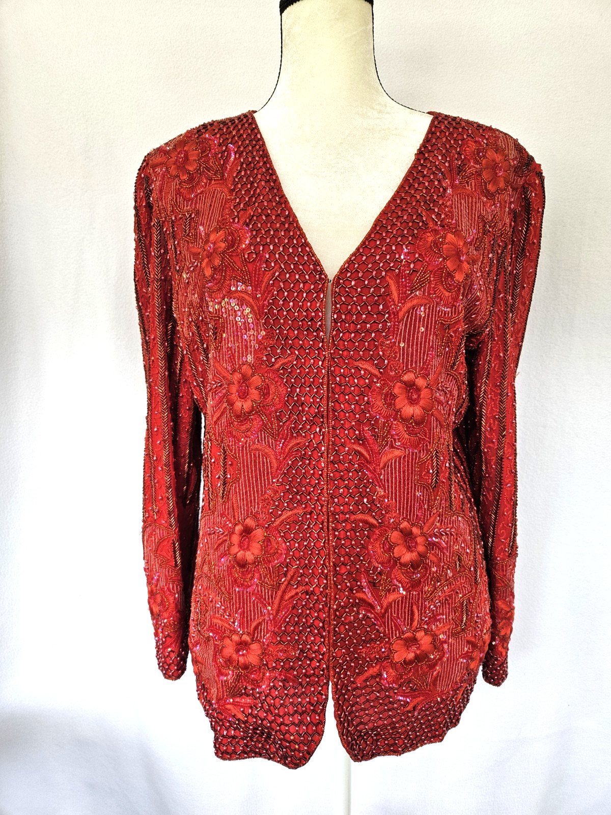 FRANK USHER – Vintage 80’s Red Sequin Beaded Evening Jacket Blazer – Large?