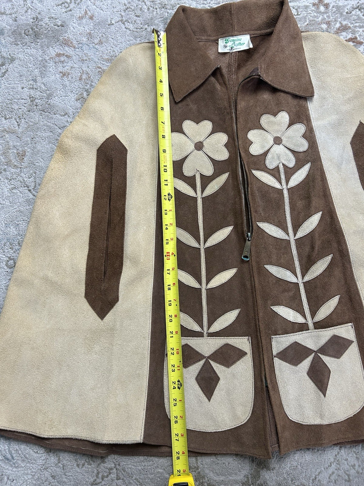 Vintage 60’s 70’S Suede Leather Cape Poncho Boho Hippie Floral Mexico