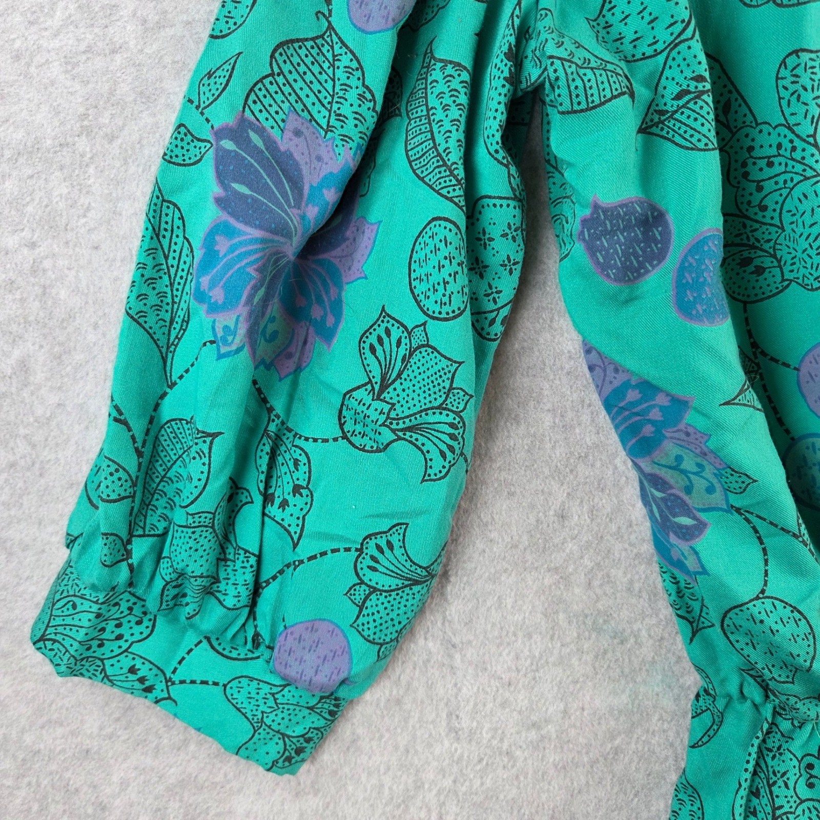 RGY Vintage Floral Midi Dress Womens Medium Teal Green Elastic Waist 80s Retro