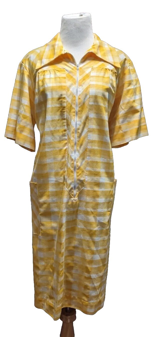 Vintage 1960s MCM Skimma Yellow Plaid House Dress 3/4 Zip Large