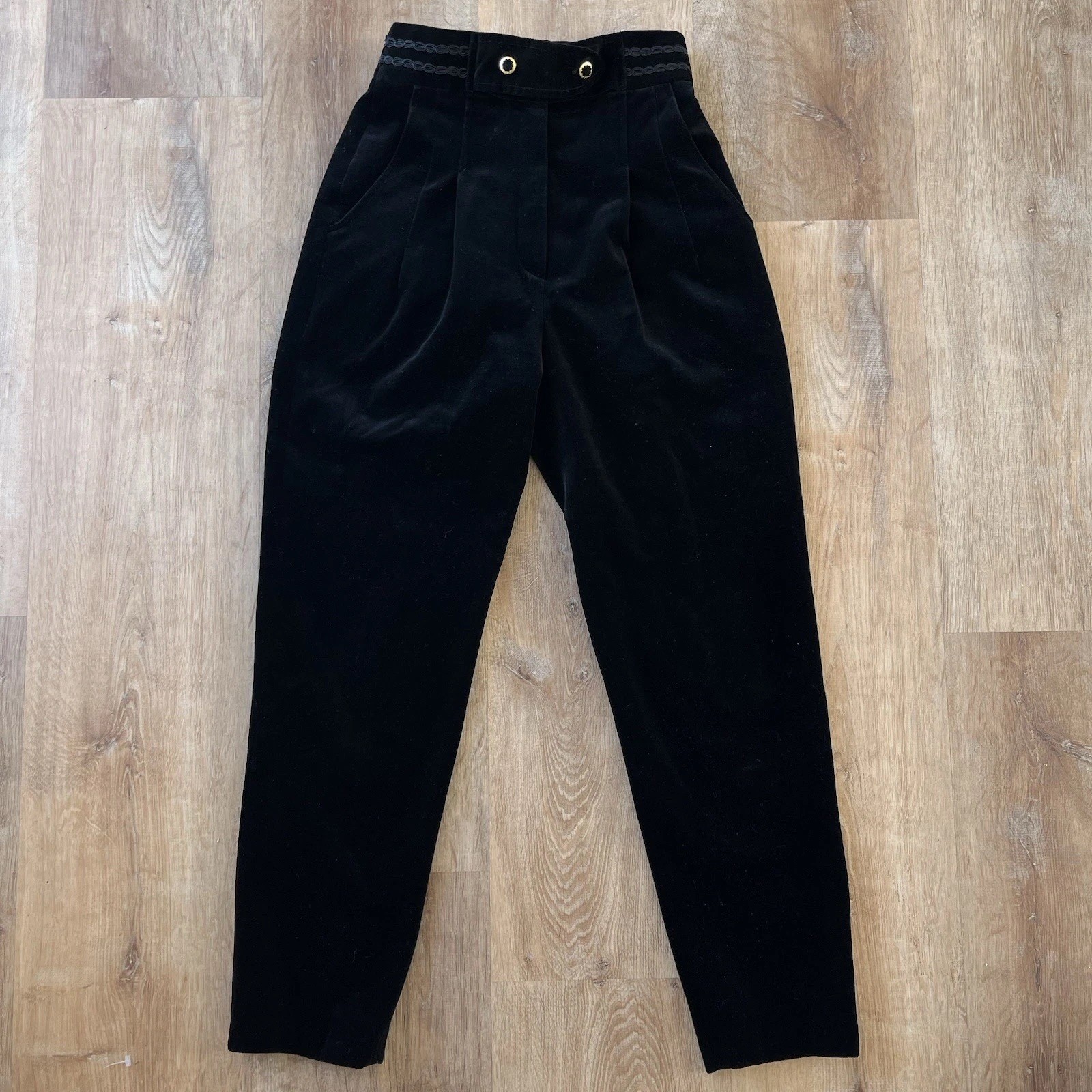 VTG Niedieck Black Velvet Pants Pleated Gold Belt Rope Detail Moody M FLAW