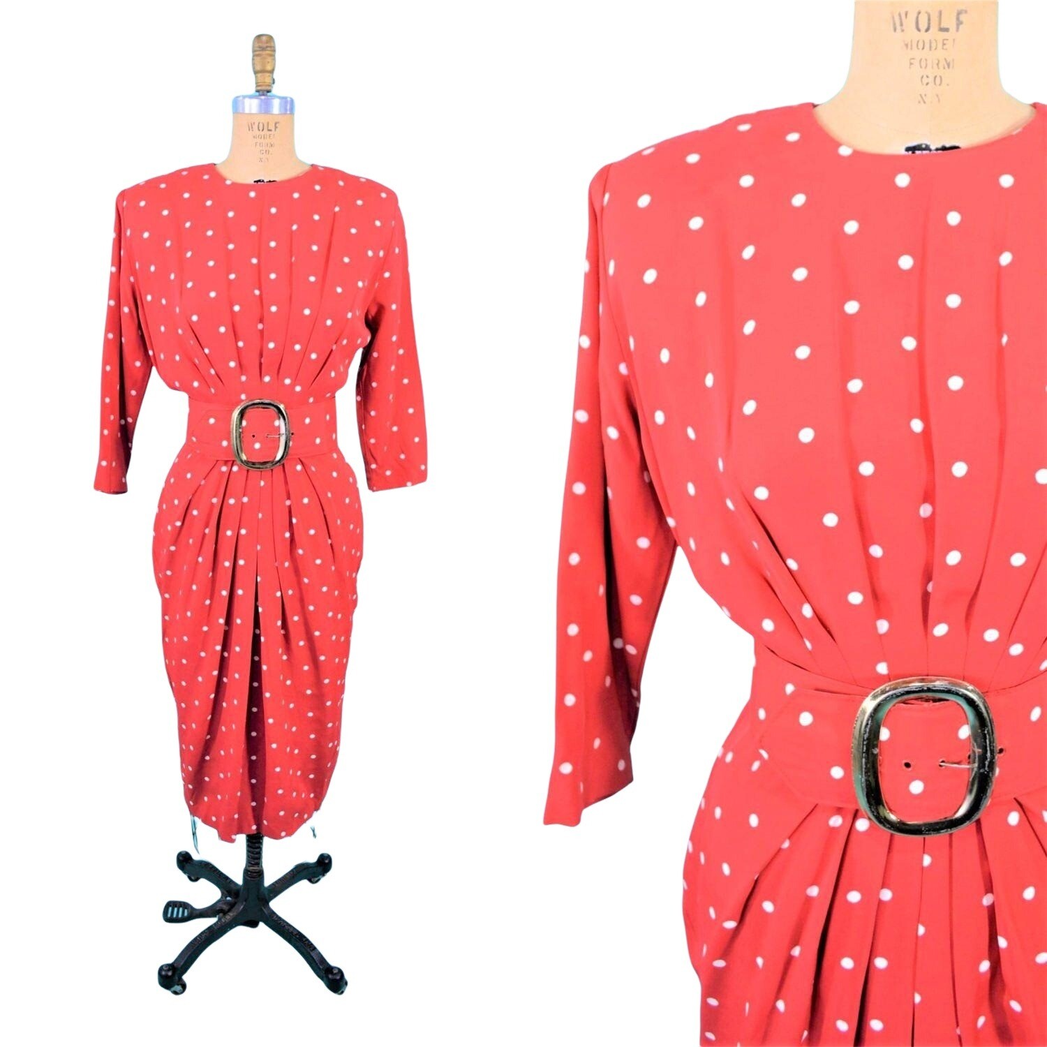Vintage 1980s Wiggle Dress 50s Style Red Polka Dot Pinup Hourglass W 27″