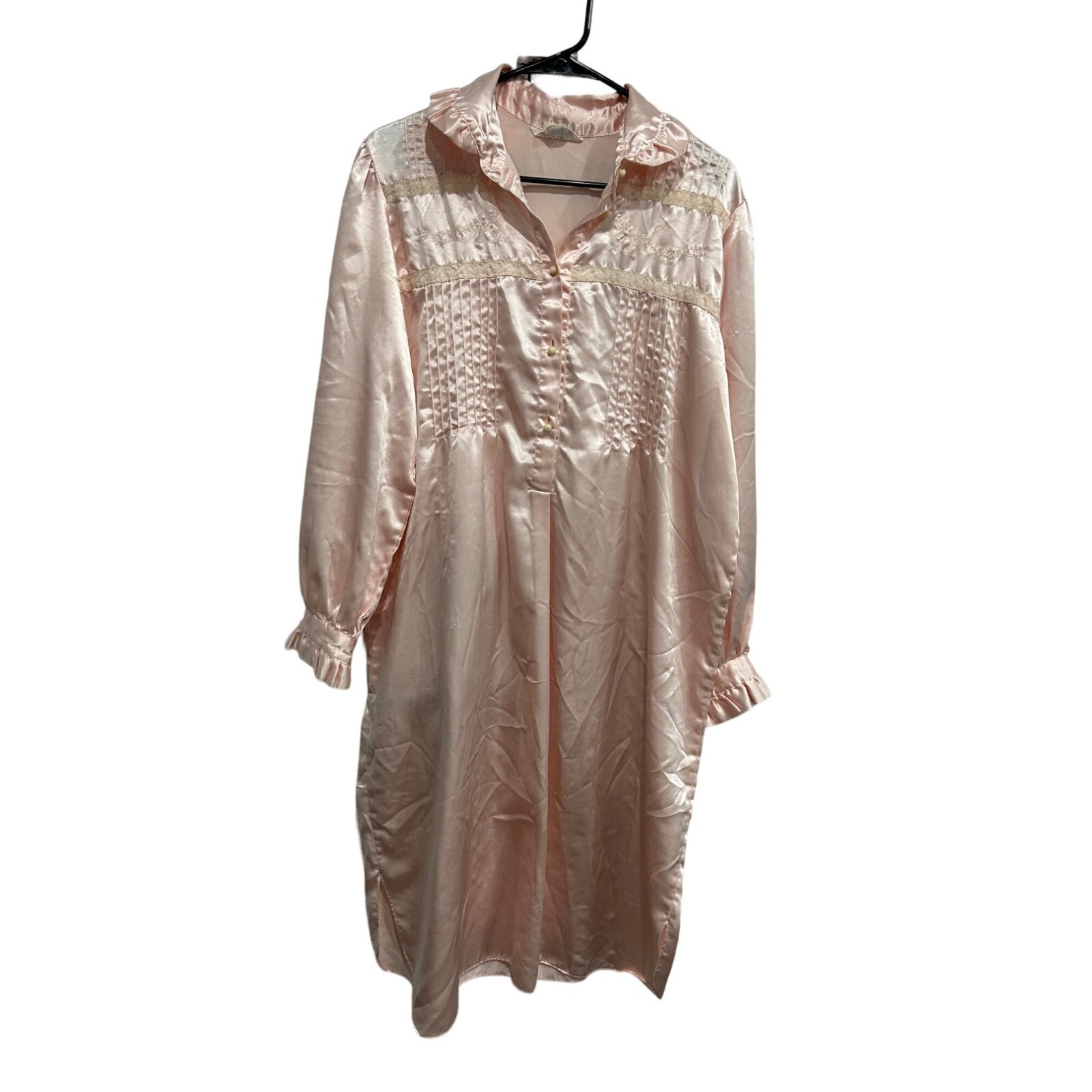 Vintage Jodie Arden Pink Satin Lace Half Button Up Nightgown Cottagecore Size M