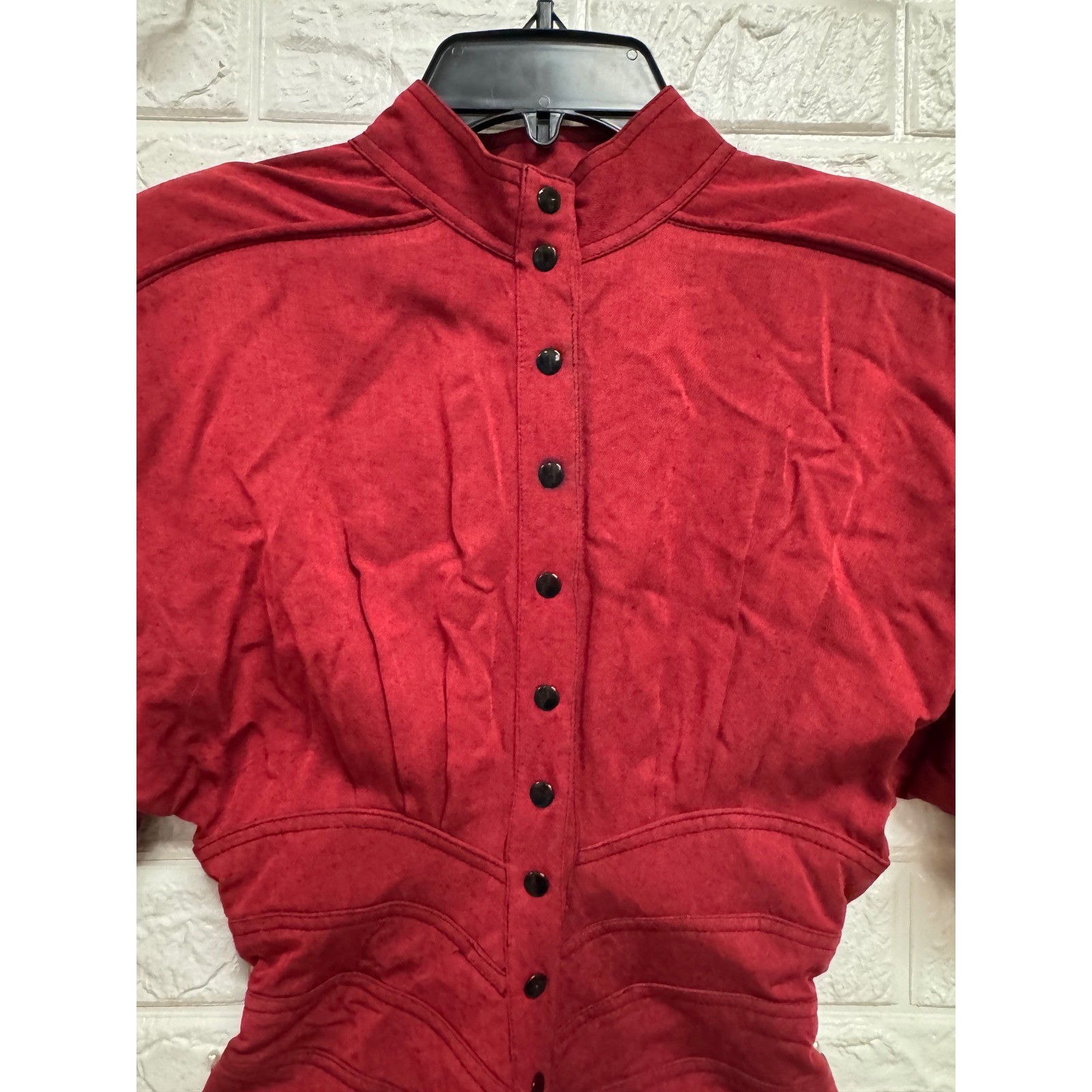 Vintage IIF Red Rayon Button Front Mock Neck Power Shoulder Midi Dress Size 4