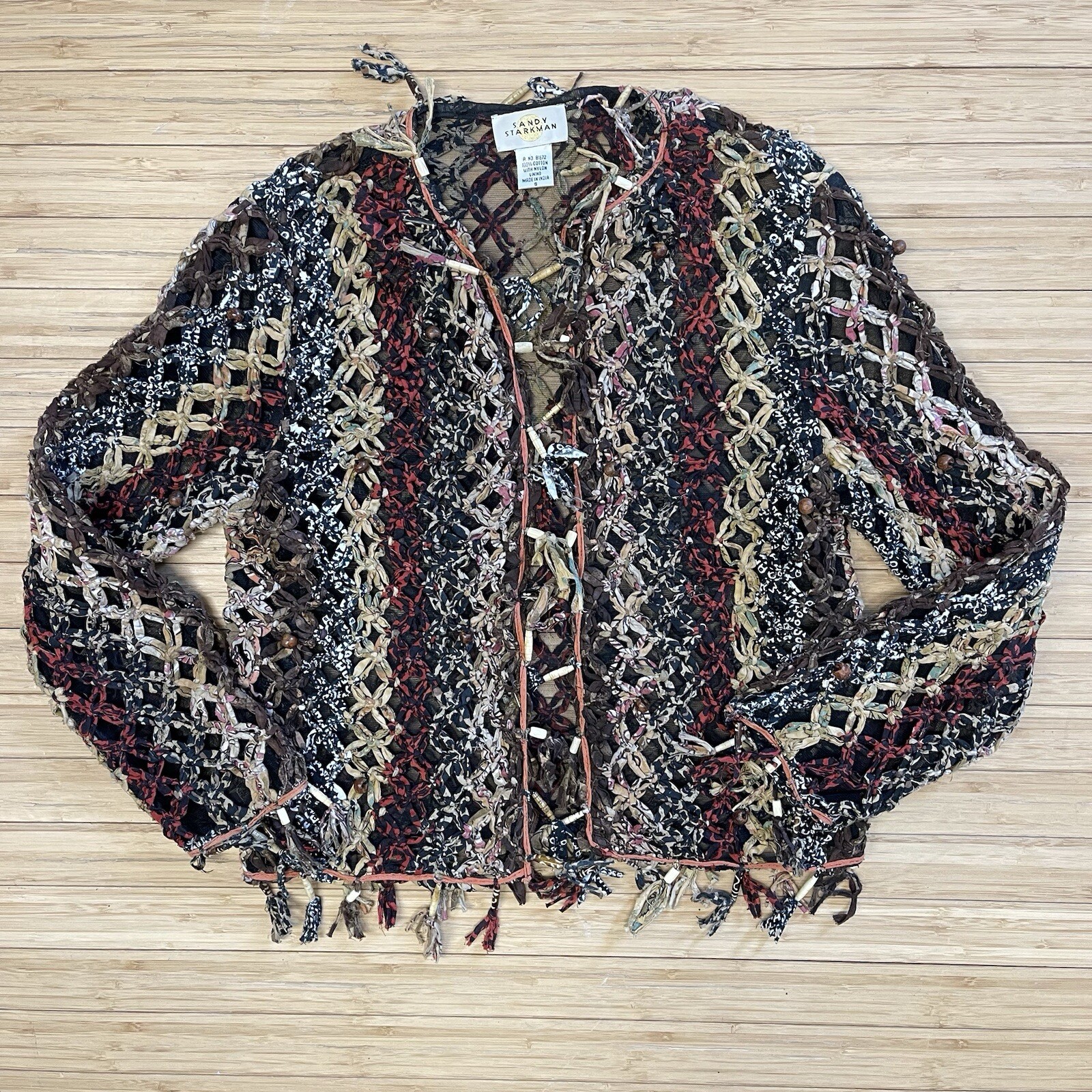 Vtg Sandy Starkman Macrame Knotted Mesh Beaded Sweater Cardigan Jacket Sz Small