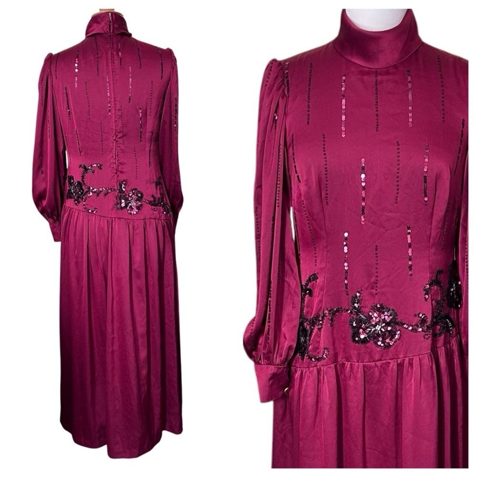 RARE! Vintage SONIA Haute Couture High Neck Long Sleeve Burgundy Evening Dress L