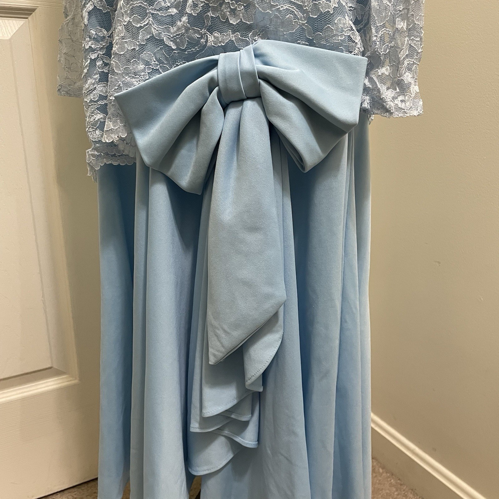 Vintage 80s Mister Jay Blue Lace Dress Sz 18 Formal Drop Waist Gown Bow Cottage