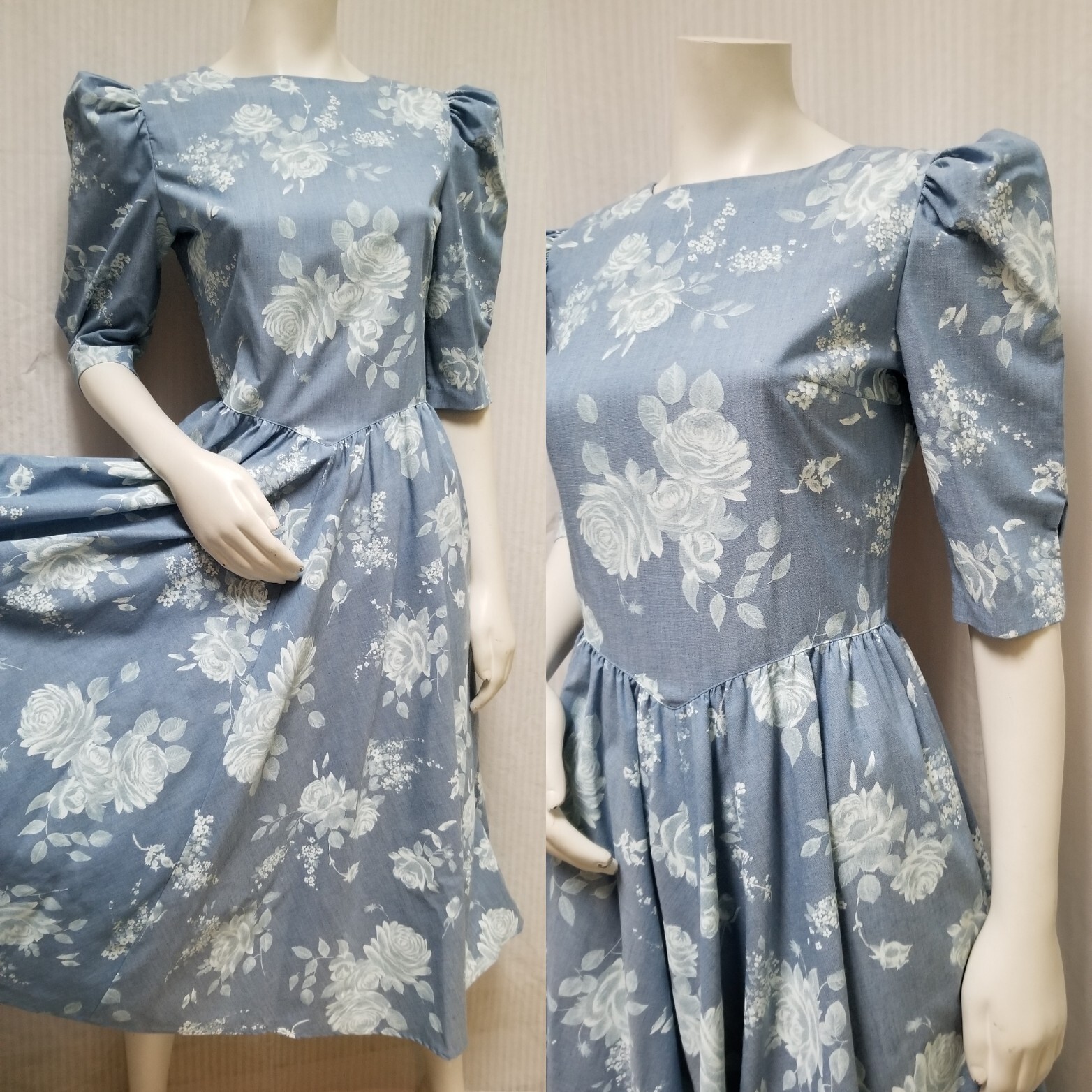 NWT Vintage 1980/90s SG GILBERT Blue White Floral LAURA ASHLEY-Esque Dress – S/M