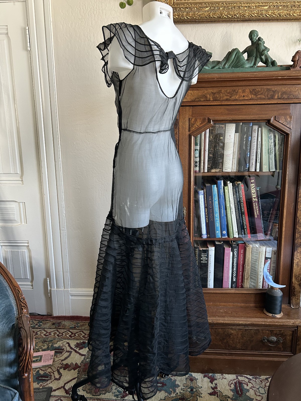 Vintage 1930s Sheer Black Mesh Net Gown Dress Bolero Set Bias Cut Deco Maxi S/M