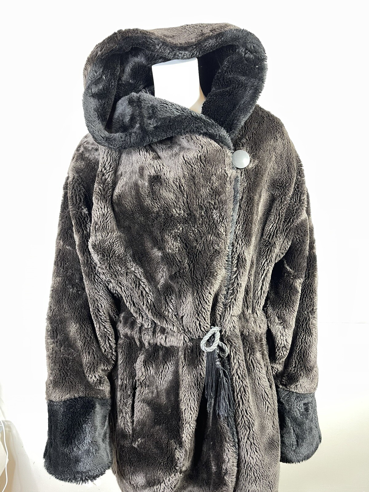 Vintage Henri Bendel New York brown Black faux fur hooded mob wife coat medium L