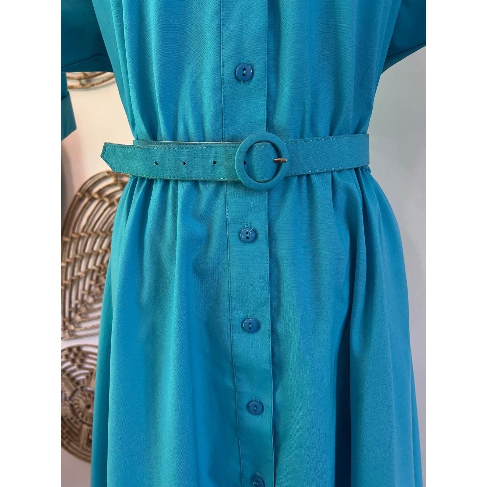 Vintage Teal Shirt Dress Belted Western Midi USA 80s Button Front Size 6