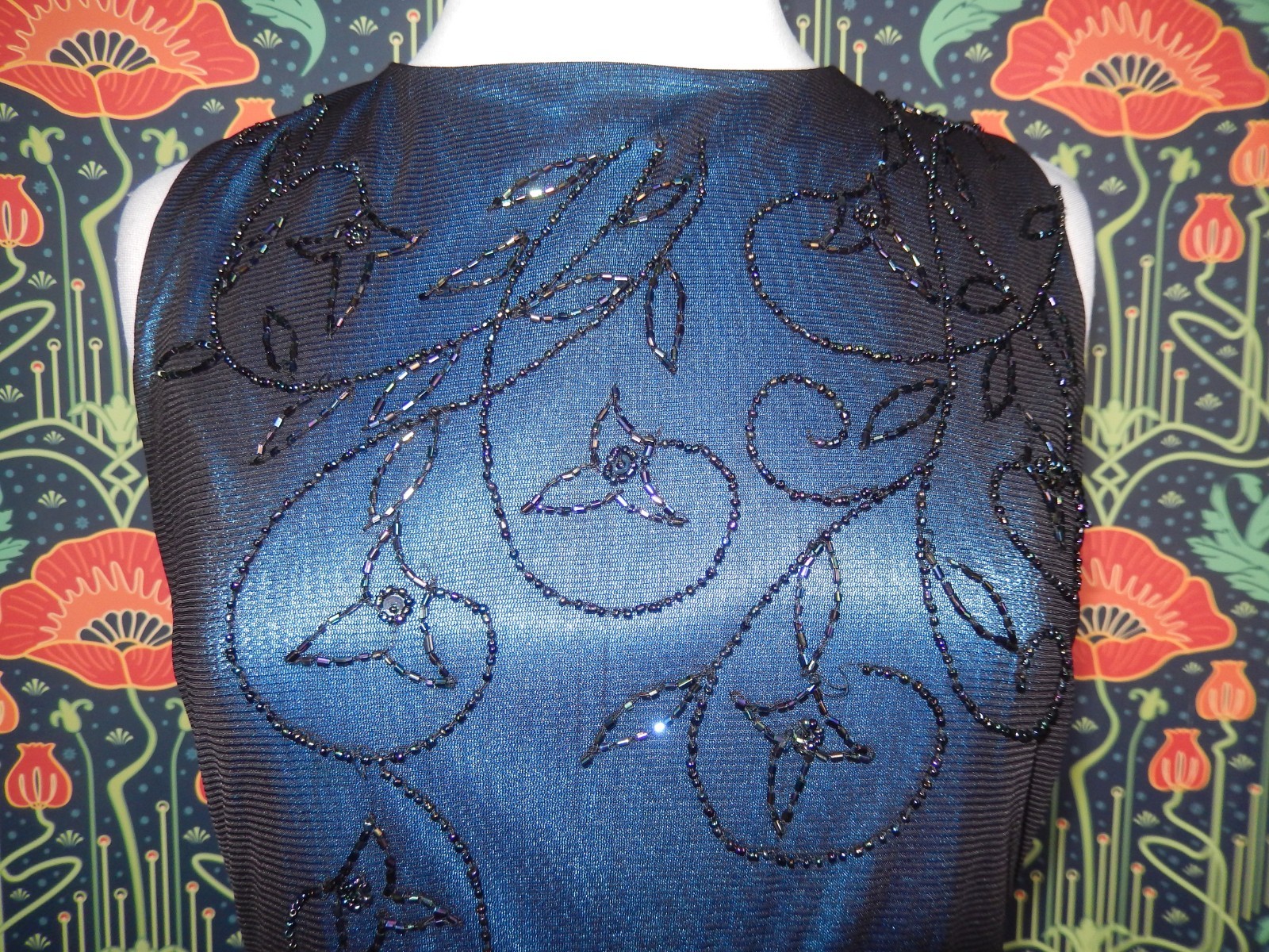Vintage Y2K Black Blue Mesh Beaded Cocktail Whimsigoth Dress Empire Waist