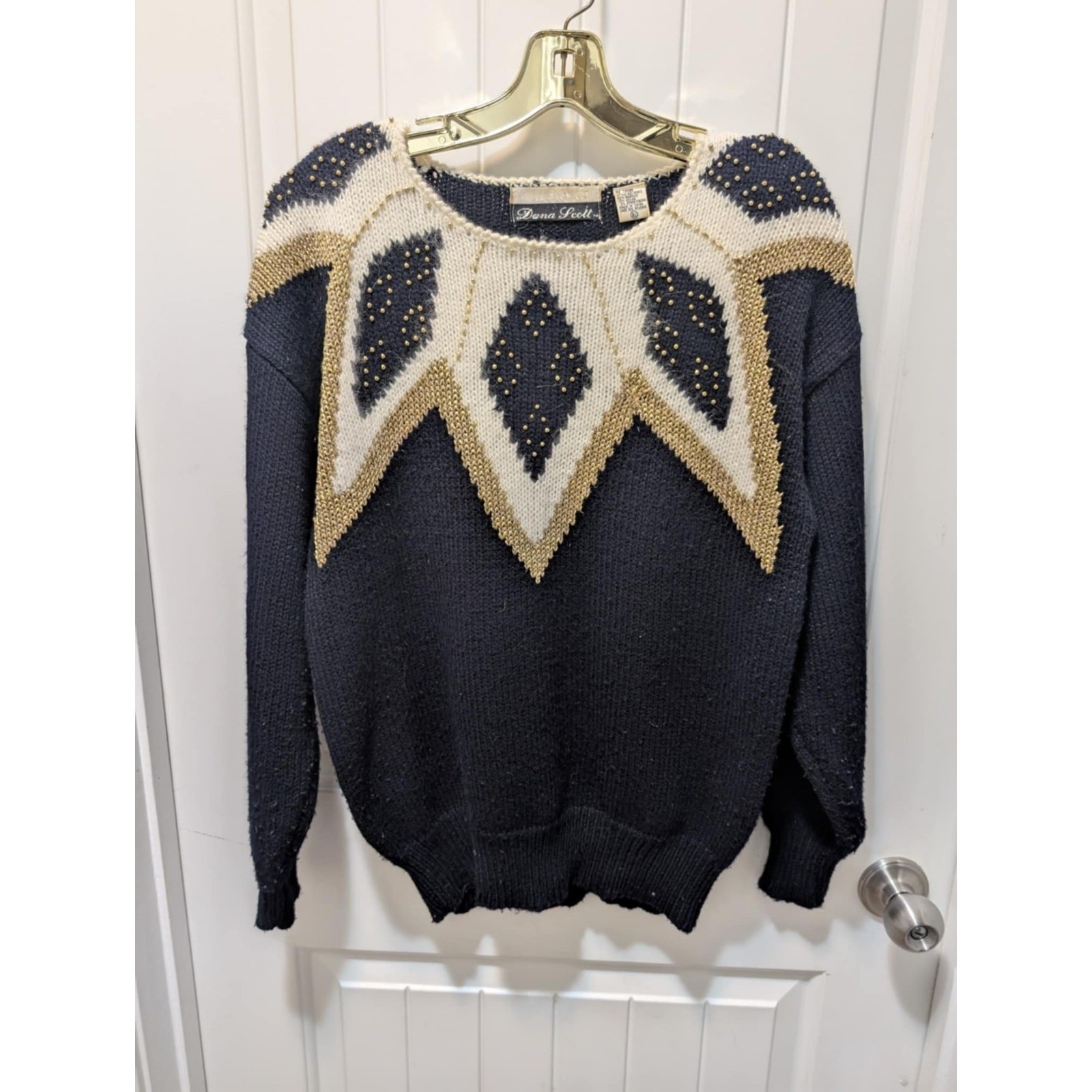 Vintage Dana Scott Womens L Sweater Black & Cream Gold Beads Party Holiday