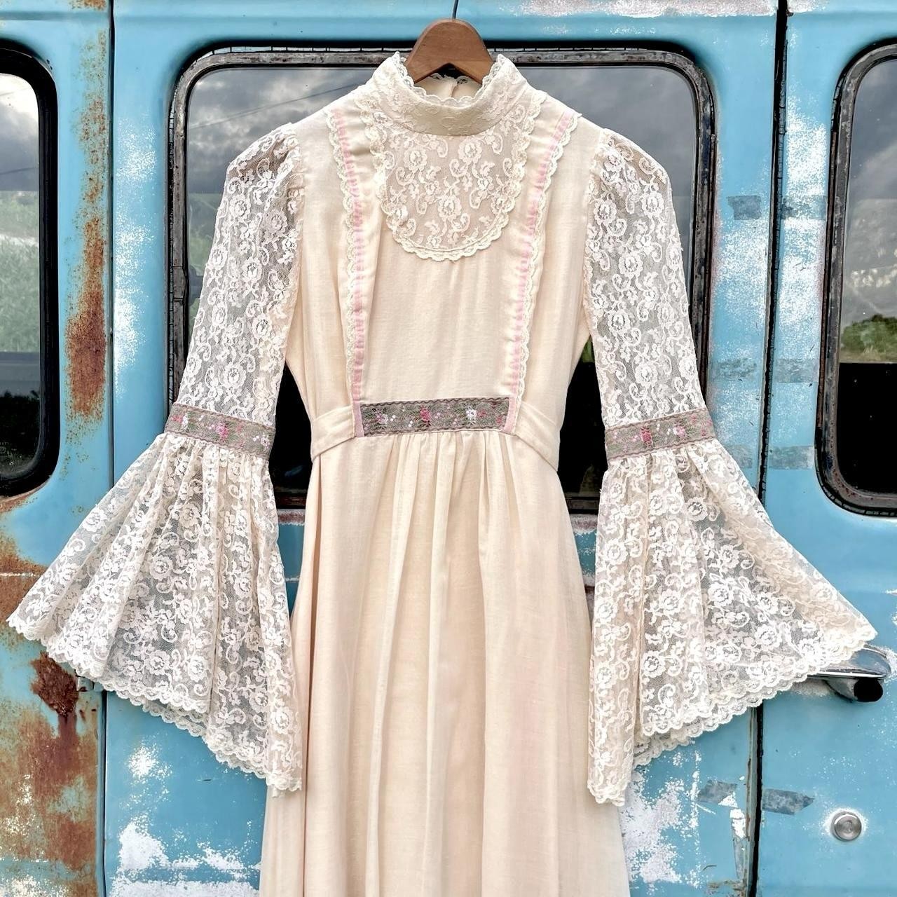 70s Candi Jones california lace maxi gown w/ bell cuffs
