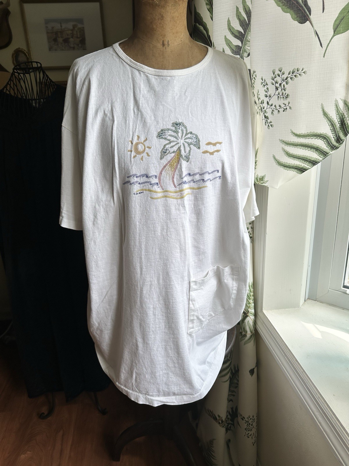 VTG NWOT Alore T Shirt One Size Tunic w Pocket Beach Palm Tree Made In USA