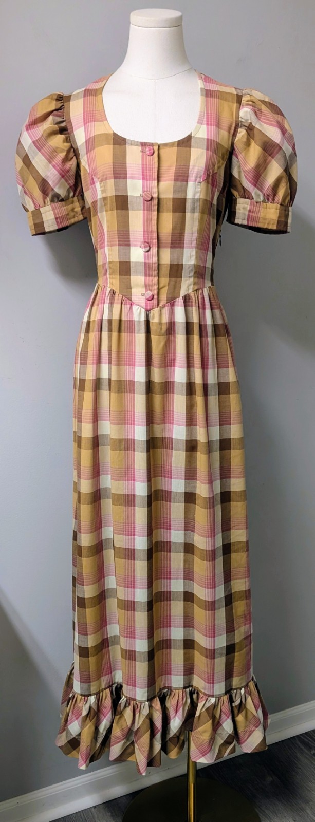 Vintage 70’s Plaid Maxi Dress Puffy Sleeves Ruffle Prarie Metal Side Zip S