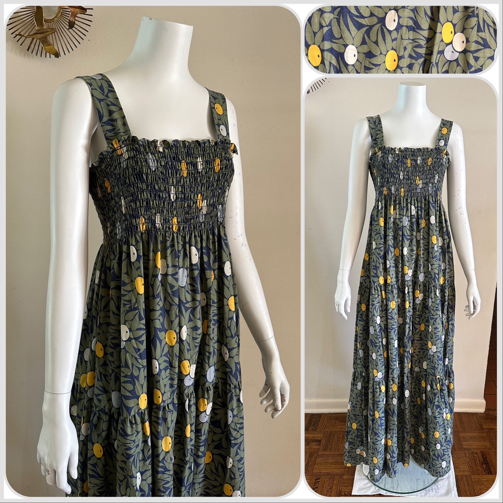1970s Olive Print Smocked Maxi Dress Cotton Blend Hostess Resort Sundress OS VTG