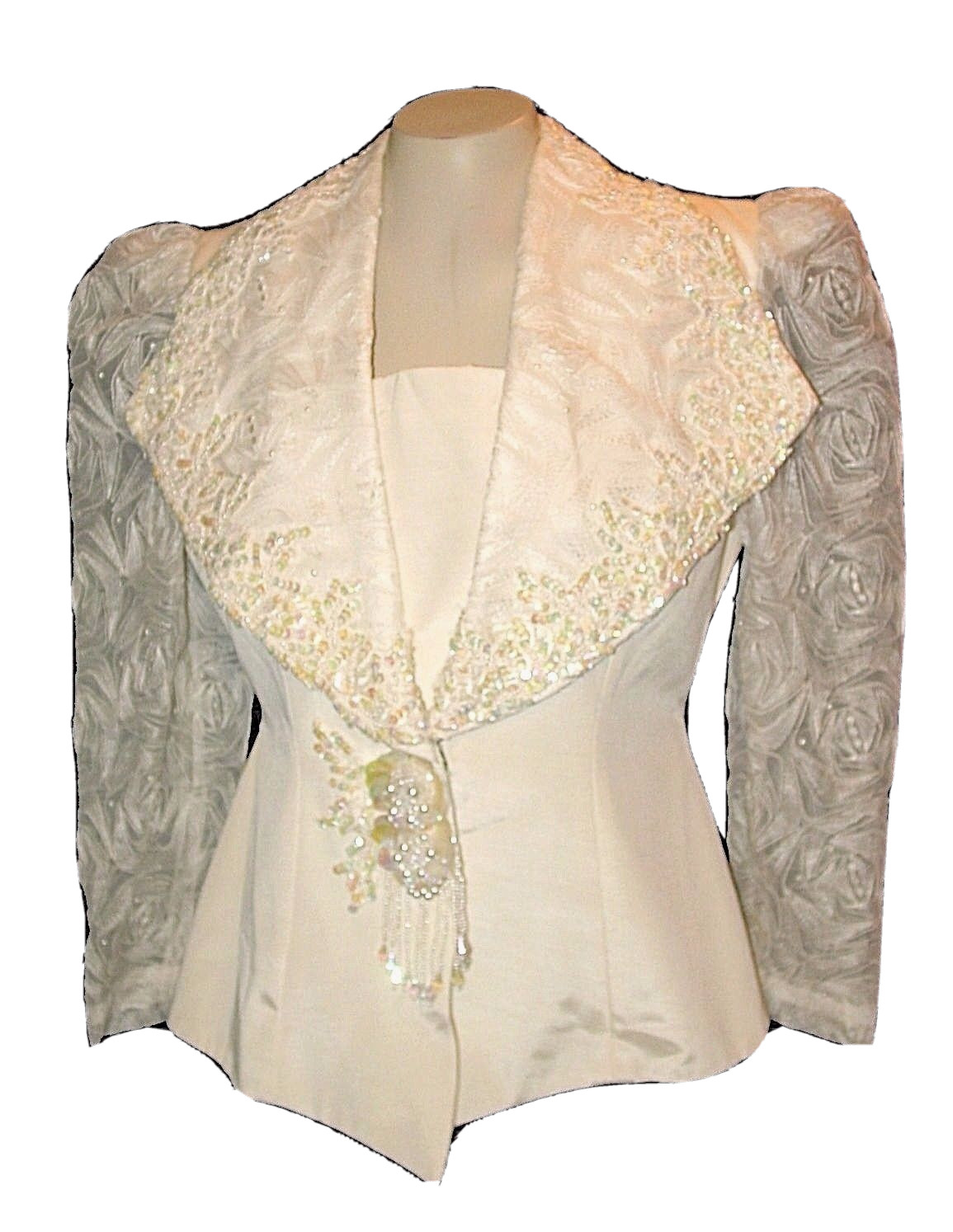 Wedding Suit, Vintage 1970s?, Blazer & Skirt Ivory Lace Beads Sequins, L