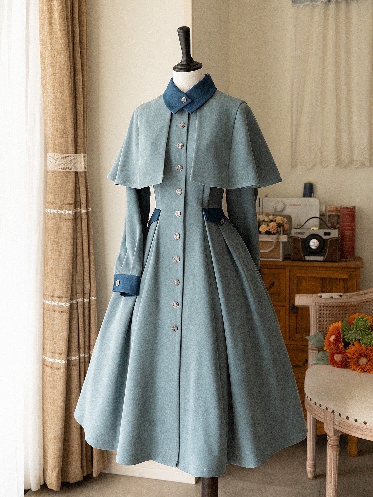Beauxbatons Uniform Inspired Dusty Blue Elegant Vintage Dress FrontButtonPlacket