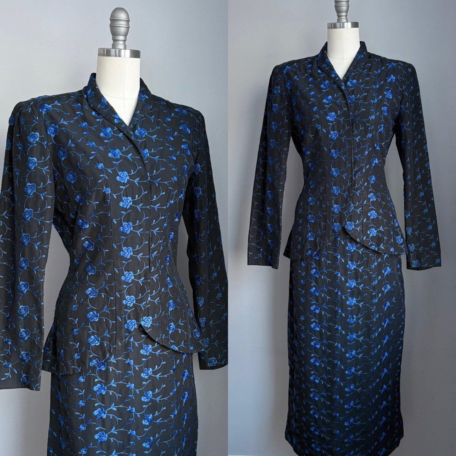 Vintage 40’s Embroidered Roses Hattie Carnegie Black Faille Suit Skirt Jacket XS