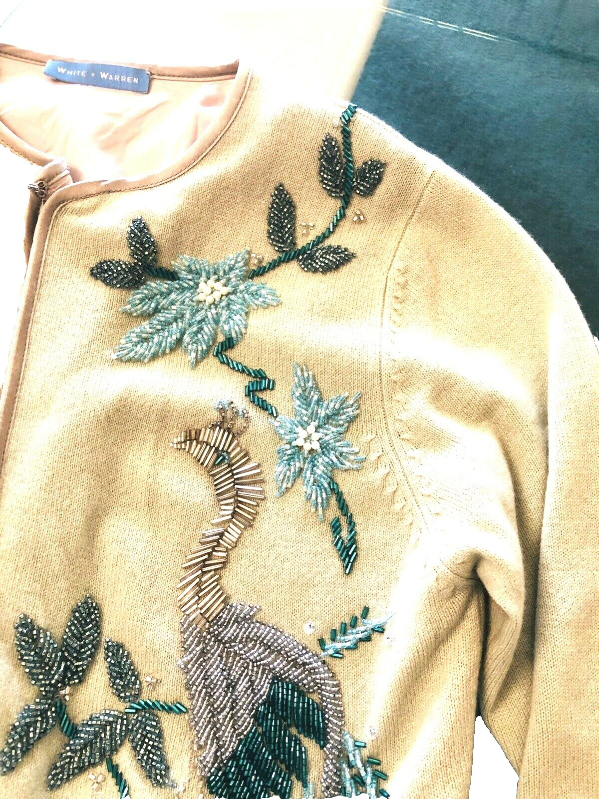 Vintage White-Warren Hand Beaded Sweater Peacocks Marked SAMPLE Inside