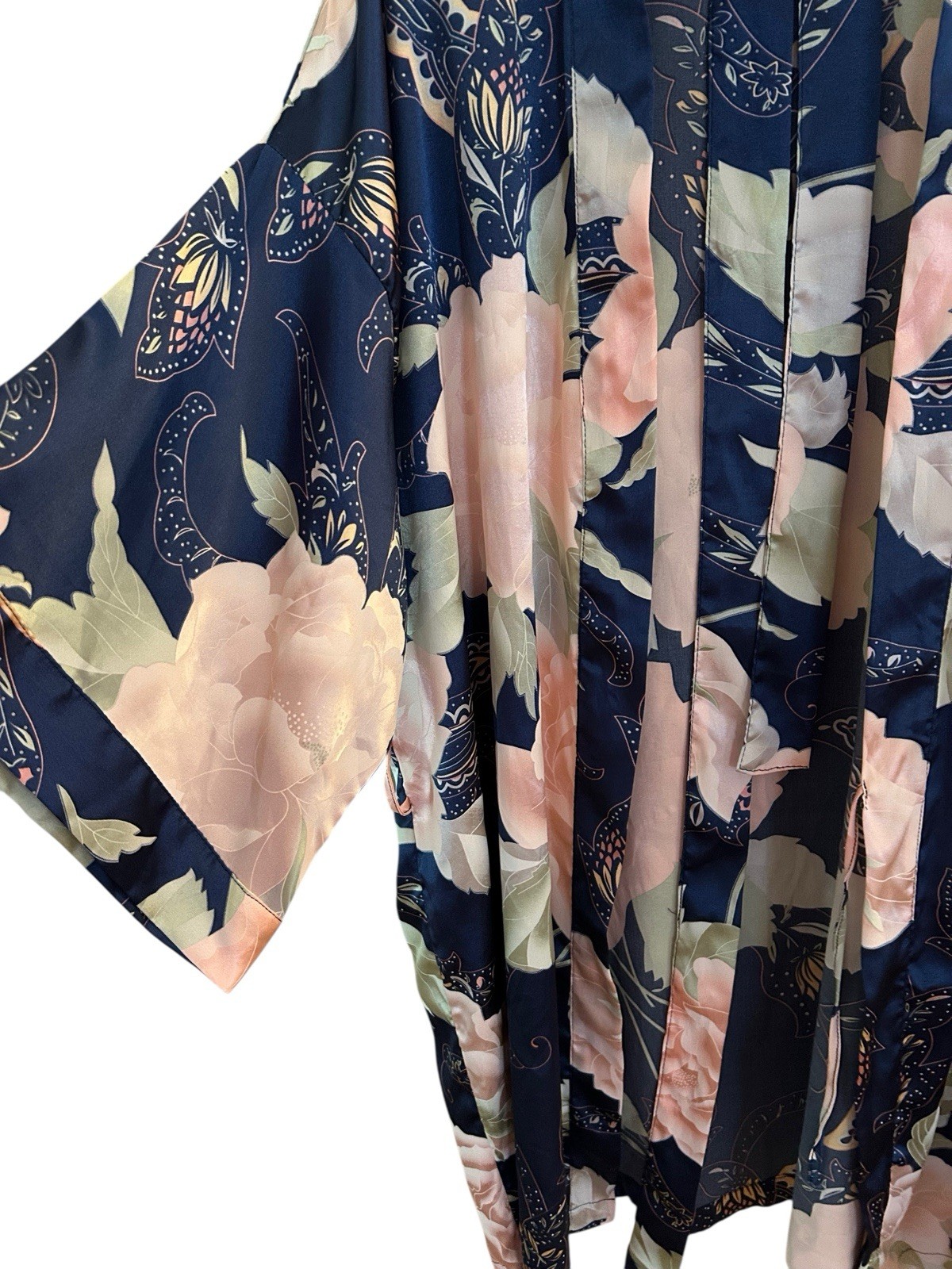 Vintage Satin Shiny Bell Angel Sleeve Kimono Robe Peach/Blush & Blue Floral