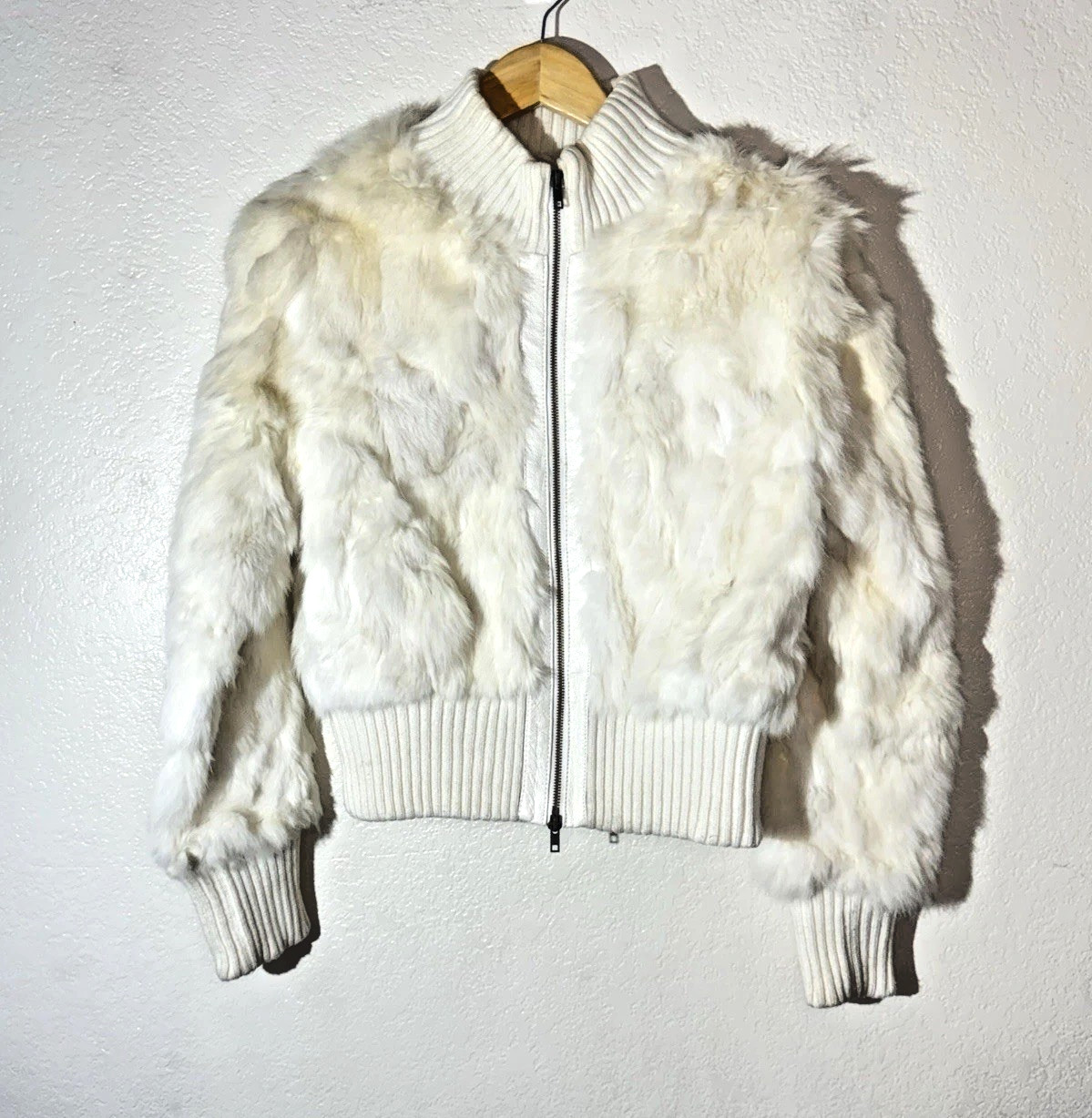 BRODY Real Rabbit Fur Jacket Womens L White Cream Y2K Cropped Bomber Vintage