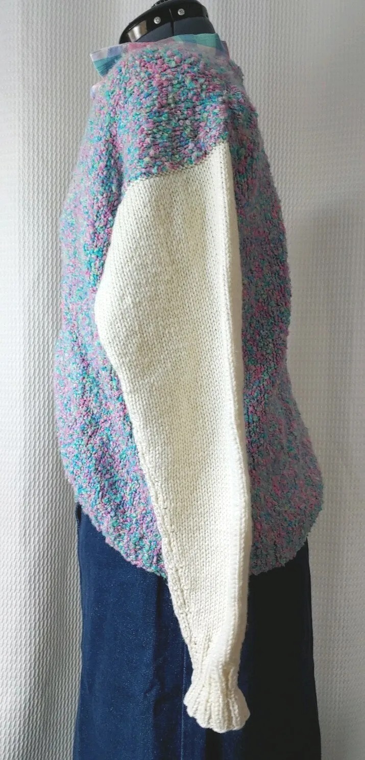 Vtg Handmade Knitted Multicolored Sweater Cardigan w Cream Sleeves 46″ Bust XL?