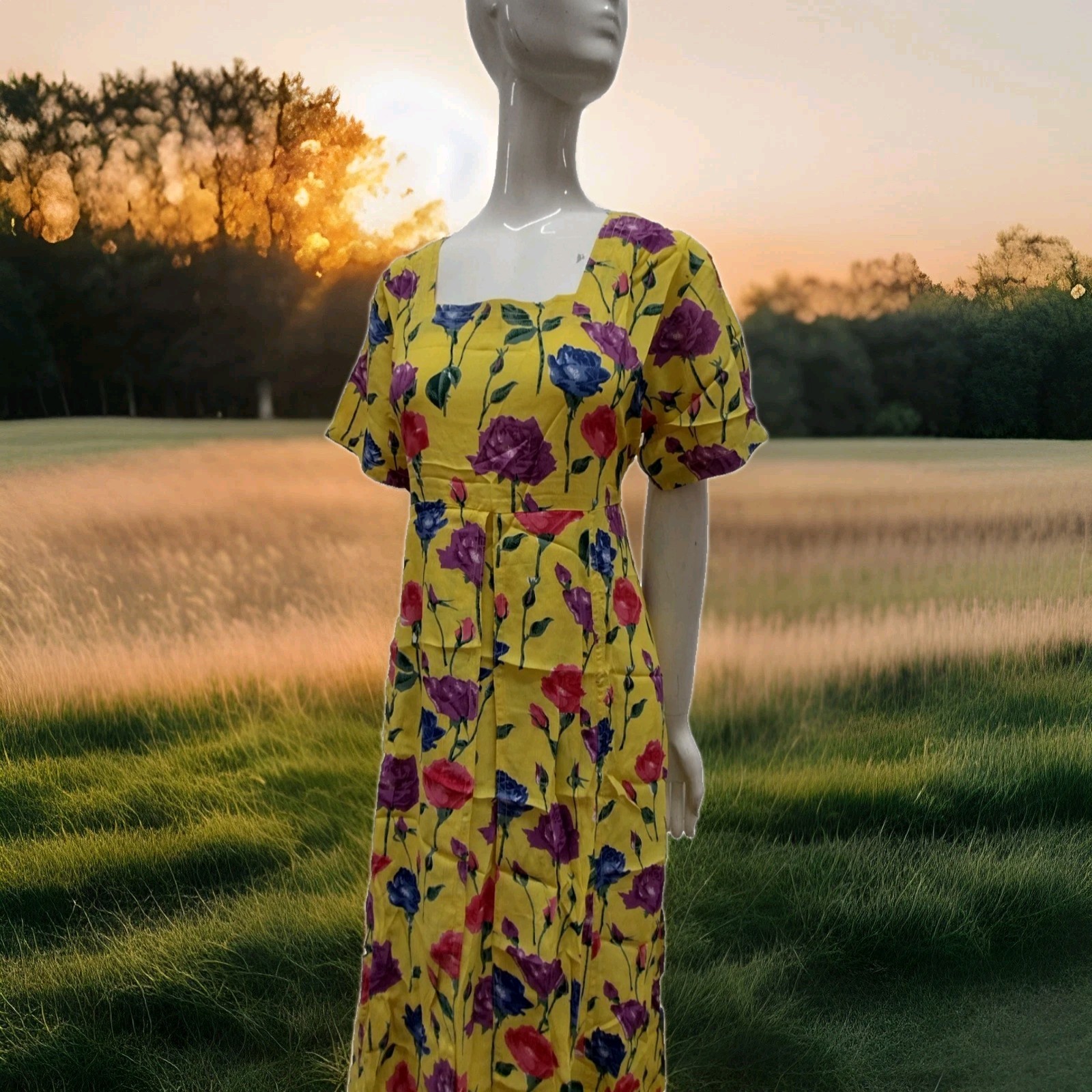 1990s Roses Long Dress Yellow Multicolor Print Purple Rose Country Chic Med New