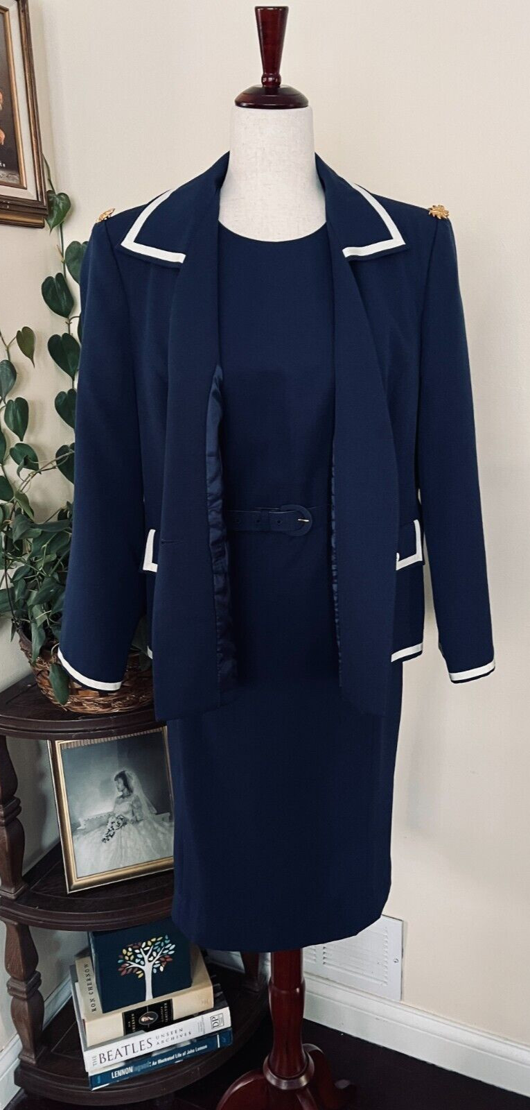 Diane Roberts Vintage Navy Blue Nautical Dress sz 14H Gold Star Buttons 3 piece