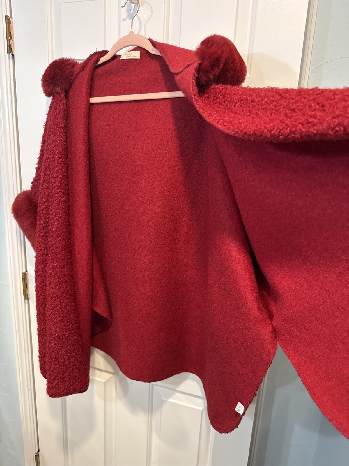 Cranberry Red Bouclé Cardigan Luxury Faux Fur Bouclé Cape Cotton Wool Blend OS