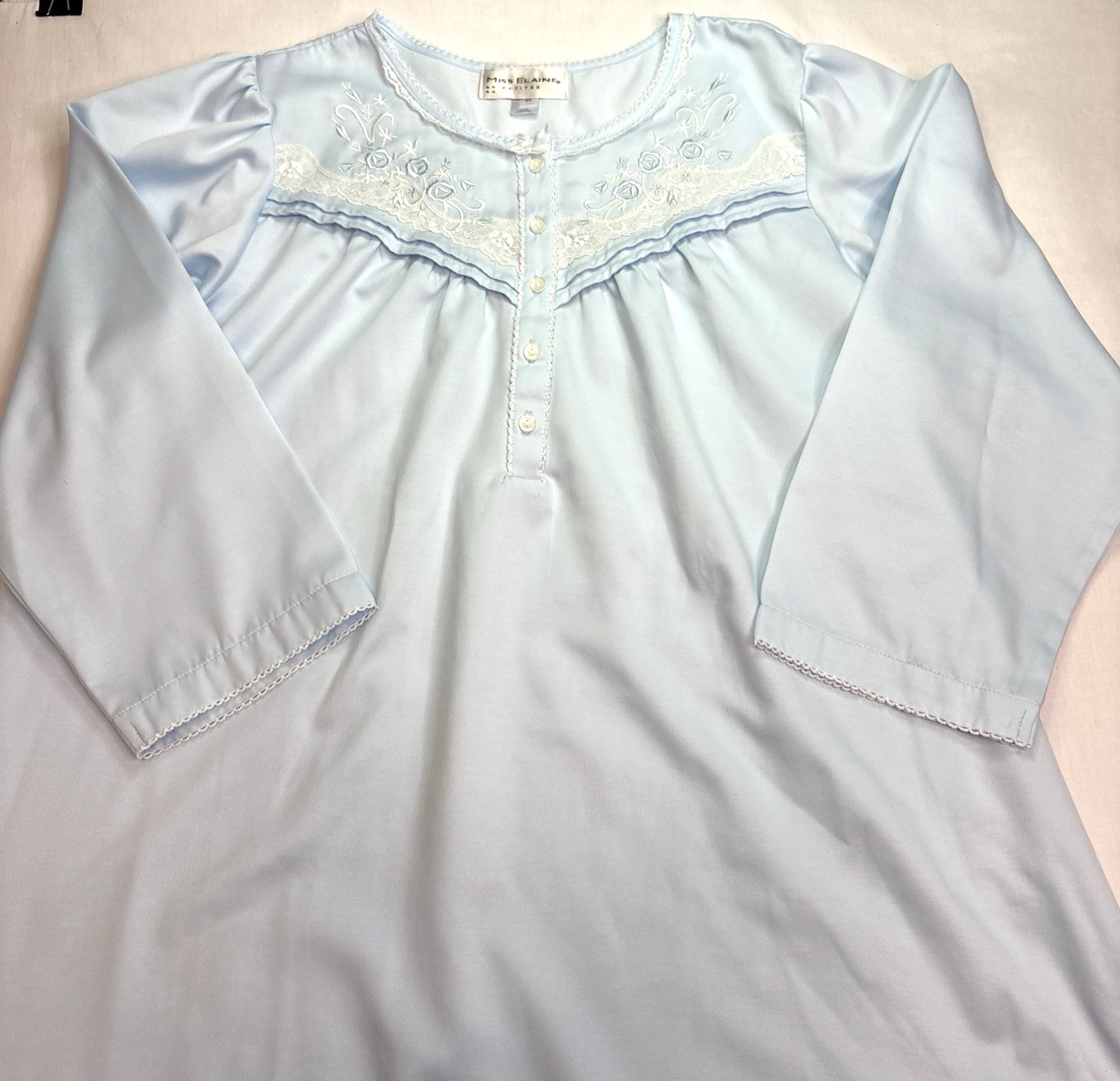 Miss Elaine Petites PL Nightgown Blue Long Sleeve Lace Embroidered Floral